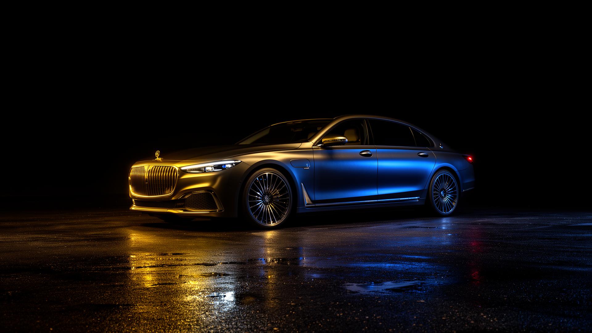 Luxury car illuminated at night